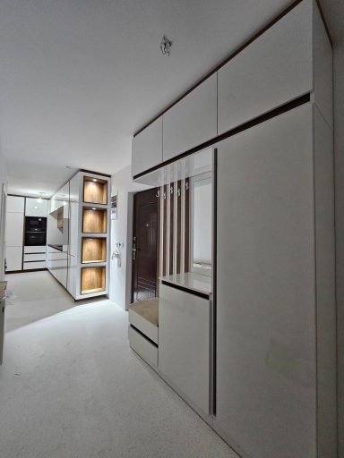Inovativer Trend & natürliche Akzente Moderne Wohnung mit hellen Wänden, weißen Möbeln und integrierten Regalen.